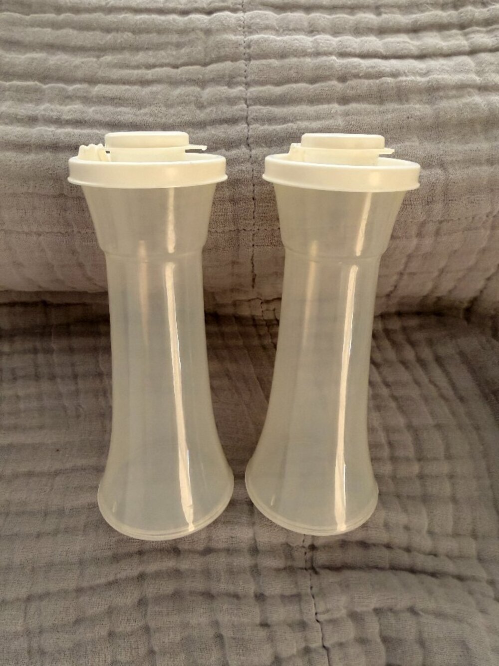 Tupperware Hourglass Salt & Pepper Shakers with White Sealing Lids